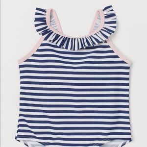 New H&M Striped Ruffle Bathing Suit Blue White Pink 12M